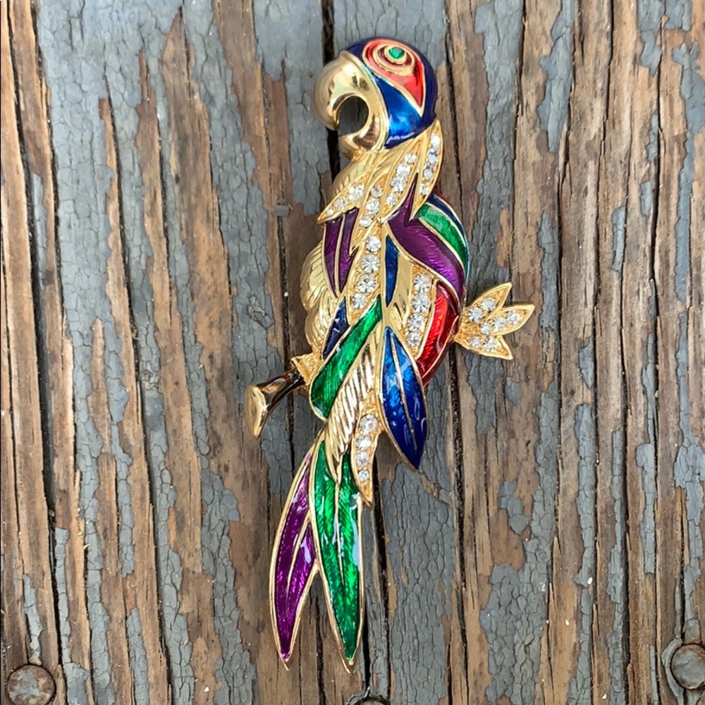 Modern Large Parrot Enamel & Rhinestone Brooch - Picture 8 of 16